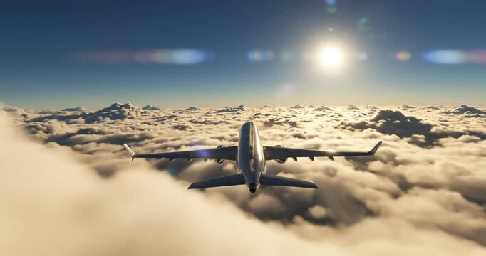 Airplane flying through sunny clouds.