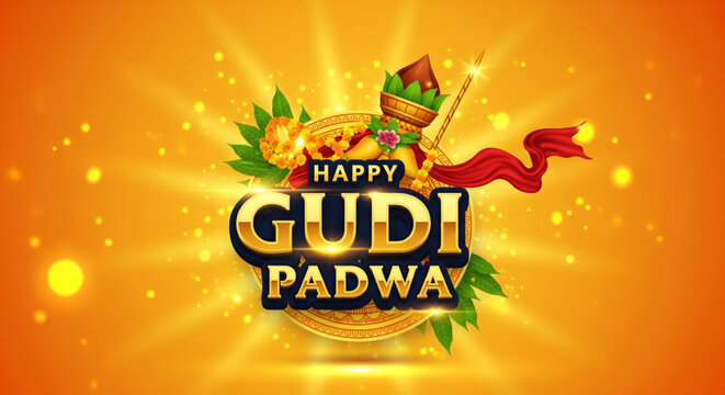 Radiant Ugadi festival greeting design with traditional Gudi Padwa symbols glowing golden background and joyful Indian New Year celebration concept
