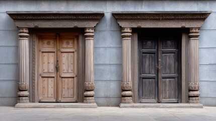 Elegant Wooden Doors with Intricate Carvings Set in Stone Wall Surrounded by Classic Architectural Columns for Unique Home Design