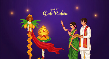 Traditional Gudi Padwa festival celebration with praying Indian couple ritual gudi decoration sacred kalash flowers and joyful Hindu New Year evening background