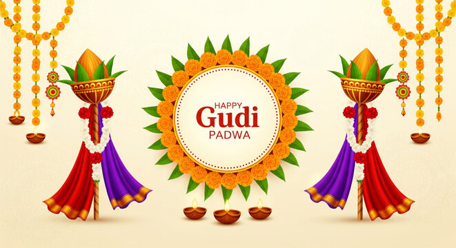 Decorative Gudi Padwa festival background with traditional gudi kalash marigold flowers diya lamps and festive design symbolizing Hindu new year celebration