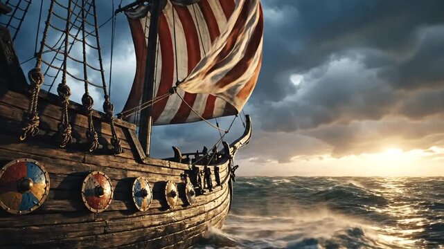 Viking Longship Sailing Through Stormy Sea.