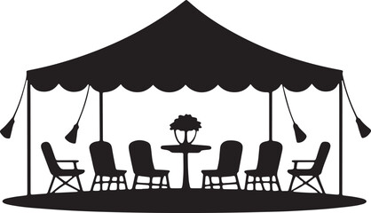Outdoor event tent with tables and chairs setup for gathering or party silhouette