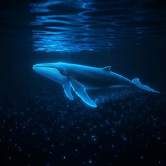 Fototapeta premium Silhouette of a whale swimming just below the surface in dark blue glowing bioluminescent water.