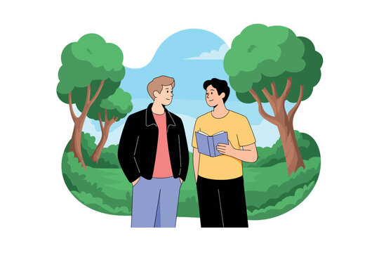 Two young men standing in a park discussing something while one holds a book