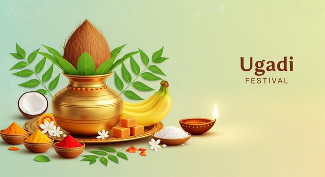 Traditional Ugadi festival vector illustration showing kalash coconut mango leaves diya sweets and hindu new year celebration background for festive design