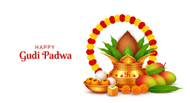 Traditional Gudi Padwa festival celebration vector illustration with kalash coconut mango sweets marigold garland and hindu new year cultural greeting background