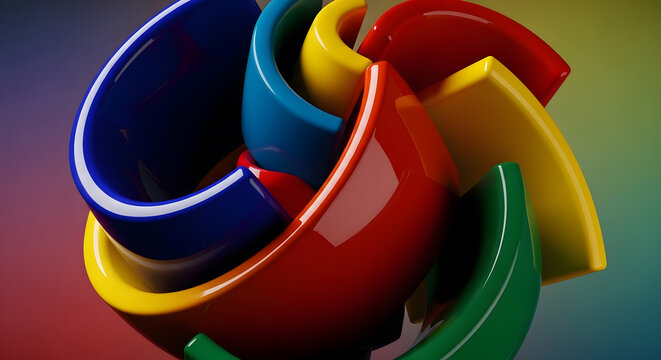 Curvy intertwined geometric objects with blue yellow red and green shiny surfaces in motion