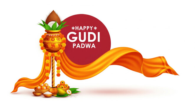 Traditional Gudi Padwa vector illustration showing festive gudi kalash coconut mango leaves sweets and flowing cloth design celebrating hindu new year