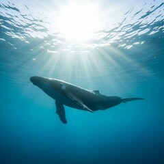 Obraz premium Conceptual conservation image: A whale's silhouette swimming through incredibly pristine, crystal-clear water with light rays, symbolizing a plastic-free ocean....