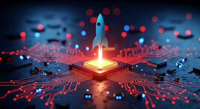 Rocket launching from computer circuit board with red and blue lights and glowing orange launchpad microchip