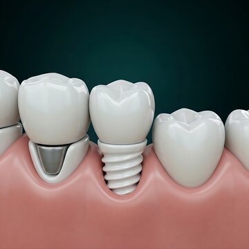  a white Zirconia dental implant. A ceramic screw and white abutment integrated into the jawbone with a translucent porcelain incisor crown. Natural neighboring teeth, healthy gums, dark teal studio l