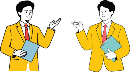 Professional young mane sitting at a desk and working on a laptop for corporate business education and remote office work concept flat vector illustration