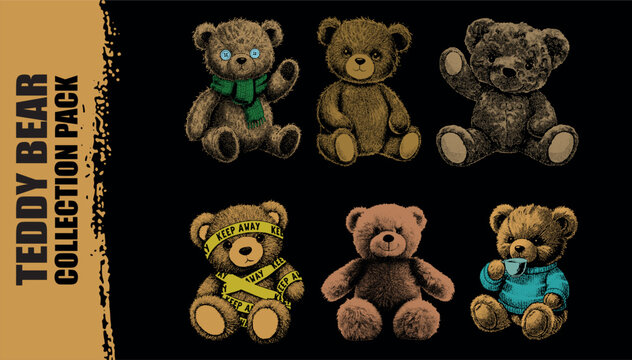 Vector illustrationof six teddy bears with different styles on a black background. cute bear collection pack