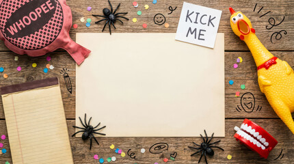 Whoopee cushion and rubber chicken for prank background with copy space joke