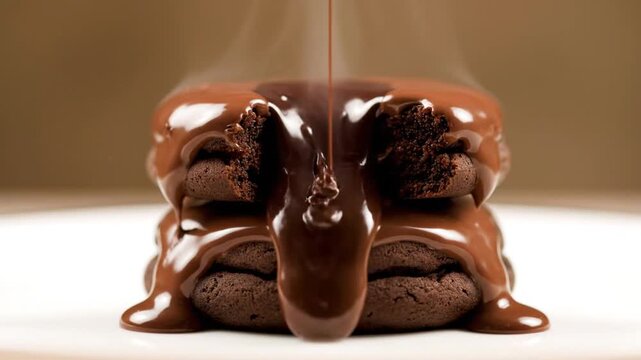 Chocolate sauce pouring over chocolate cookies on a white surface from a high angle