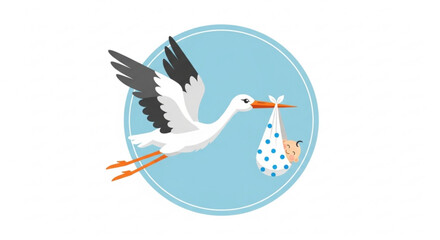 Stork delivering baby in blue polka dot cloth bundle with white ribbon on light blue circle background