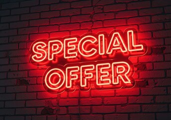 A vibrant neon sign advertising a special offer against a brick wall background.