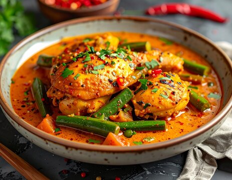 Braised chicken in a fragrant red curry with okra, styled with a blurred bowl of rice behind. Balanced composition for recipe thumbnails and food service marketing.
