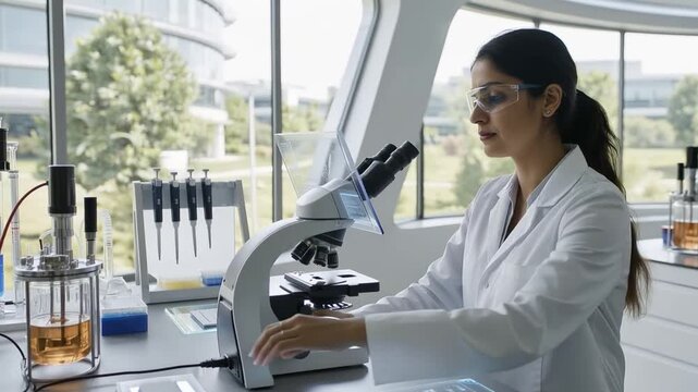 Scientific Precision: A dedicated scientist meticulously examines a sample under a microscope in a modern, well-equipped laboratory, embodying the essence of scientific exploration and discovery.