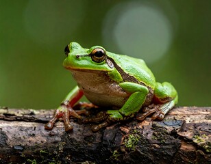 Fototapeta premium Close-up of a vibrant green frog perched on a weathered log