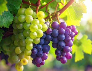 Fresh green and purple grape clusters hanging on the vine with warm golden light. Vibrant color contrast and natural texture, ideal for harvest and fresh produce themes.