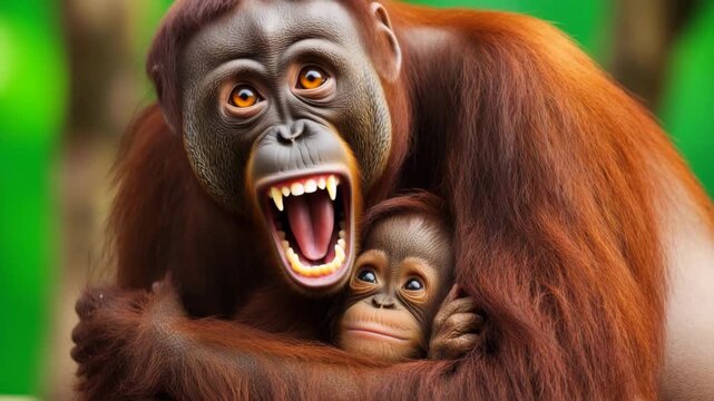 Mother ape bonding in jungle