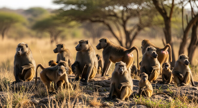 A large troop of baboons sitting and resting on a rocky terrain in the savanna during daytime