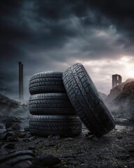Obraz premium Stack of Tires in a Desolate Industrial Landscape