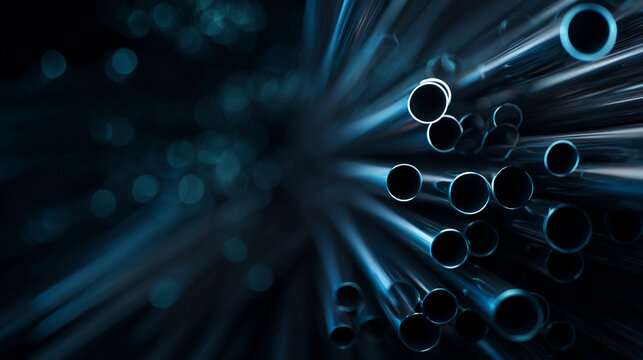 Dark futuristic composition featuring glossy steel tubes with circular openings and dramatic lighting. Concept of industry, construction, pipeline networks, production, and modern industrial design