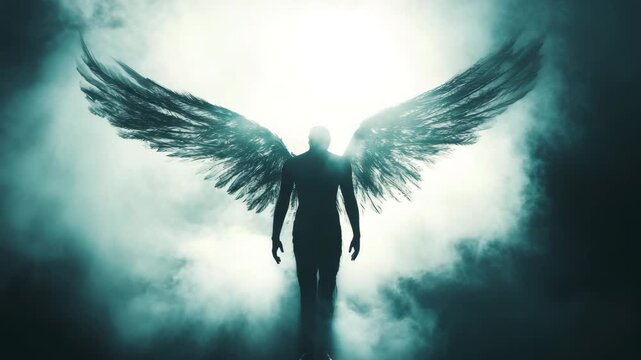 Silhouetted angel with dark wings AI animation
