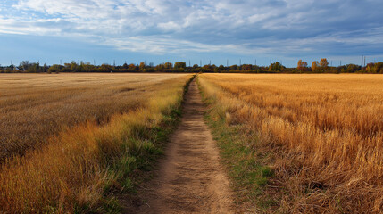 Path through golden wheat fields in autumn