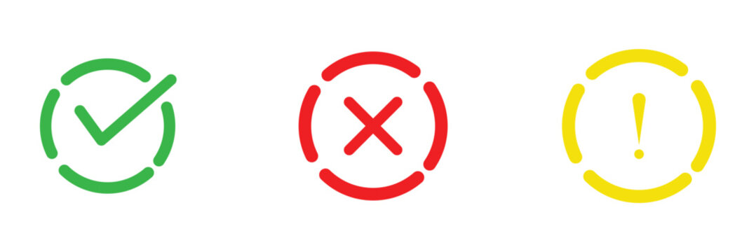Right, wrong, tick, cross, checkmark, exclamation icons set. check mark, exclamation point, x or cross mark icon set. eps 10