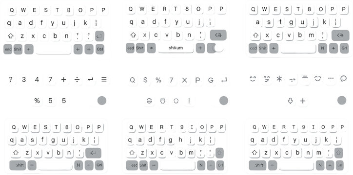 Professional digital keyboard UI set featuring various virtual keypad layouts with alphanumeric characters symbols and function keys for mobile app interface design