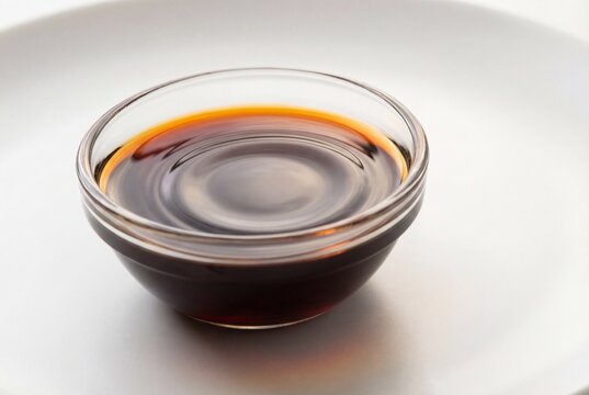 Small glass bowl filled with dark balsamic vinegar sitting on a clean white ceramic plate surface