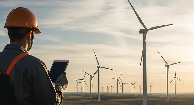 Engineer in hard hat using tablet to monitor wind farm, renewable energy technology for sustainable future
