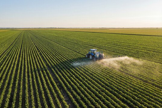 Aerial view of a blue tractor spraying a large green soybean field