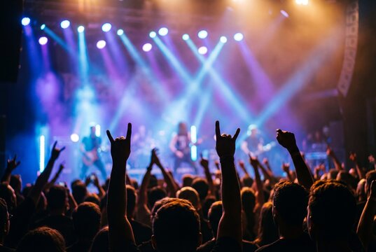 Silhouetted crowd with raised hands cheering at a live rock music concert with stage lights