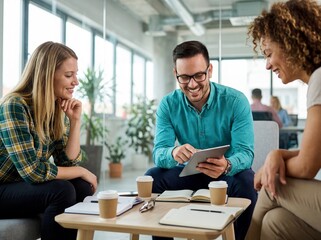 Fototapeta premium Diverse business team discussing ideas while looking at a digital tablet in a modern corporate office