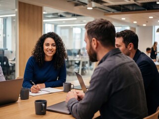 Smiling businesswoman writing notes during a meeting with male colleagues in a modern corporate office