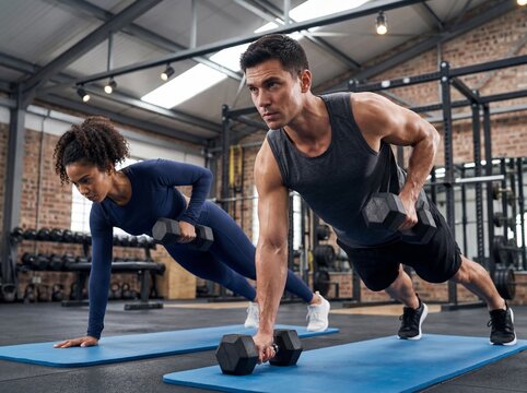 Strong athletic man and woman performing dumbbell plank rows together in a modern gym center