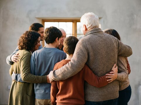 Rear view of multigenerational family hugging in a tight circle showing unity and support
