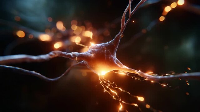 Magnified View of Neurons Firing with Bright Light and Energy, Showcasing Complex Connections and Communication in the Nervous System.