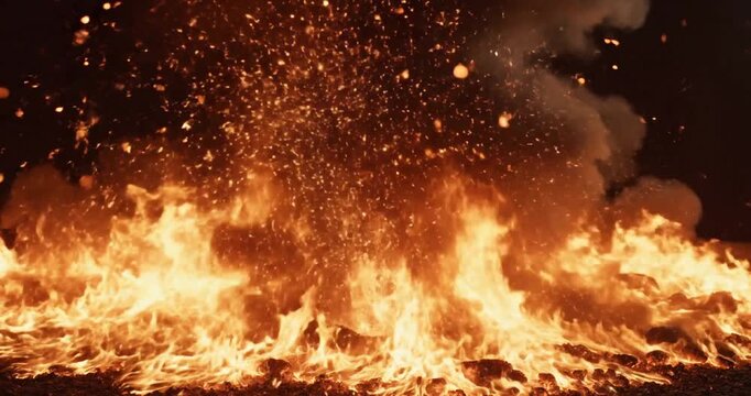 Large Fire Burning at Night.