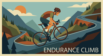 Fototapeta premium Cyclist Climbing HillFlat vector illustration of a cyclist climbing a steep hill. Strong body posture leaning forward, mountain road background. Flat vector style, endurance sports theme.