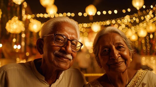 Happy old indian couple sharing a loving smile in a warm, golden close-up at a festive celebration.