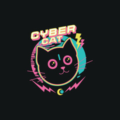 Fototapeta premium Cyber cat neon vector illustration featuring futuristic retro wave feline mascot on dark background