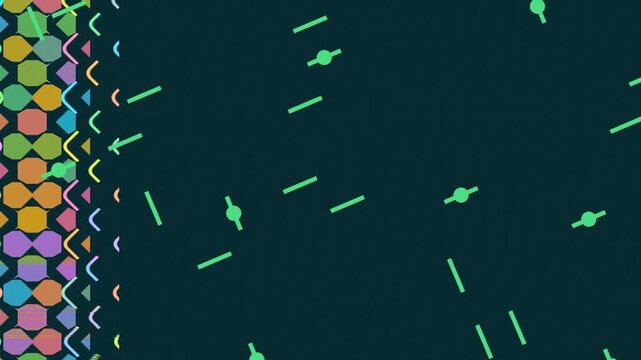 Dynamic abstract pattern featuring a vibrant hexagonal border and scattered luminous green elements.