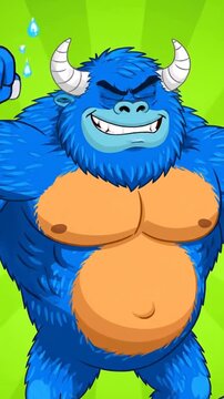 Furry blue monster character flexing with dumbbell and kettlebell