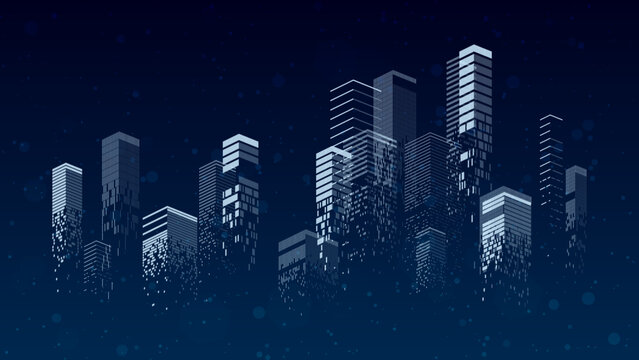 Abstract futuristic night city vector background with digital pixel skyscrapers. Modern urban technology skyline concept with blue building shapes and noise.